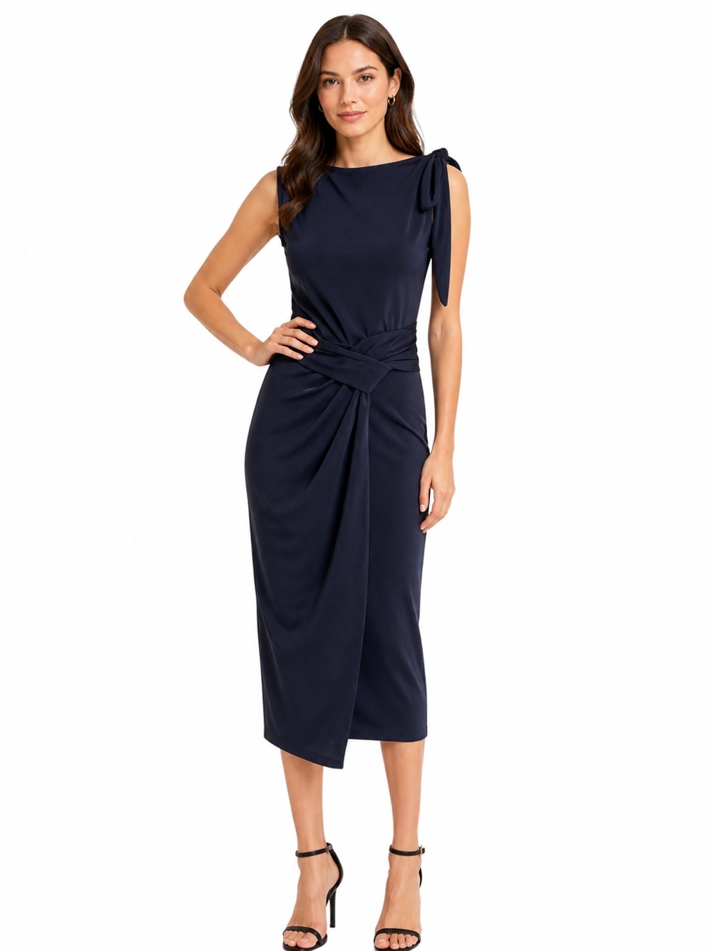 Jasambac Navy Blue Midi Dress Ruched Waist Tie Shoulder Sleeveless Size Small